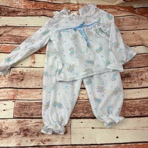 Vintage Adorable Kids Pajama Set with Ruffle Trim - White and Blue